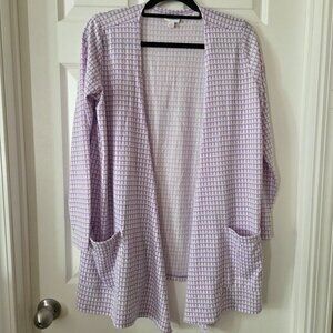 LuLaRoe Caroline Cardigan Purple & White Geometric with Pockets Medium